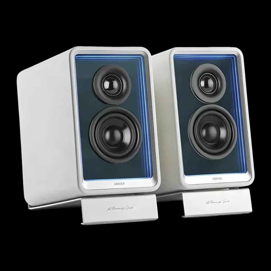 Altavoces de estantería Edifier QR65 70W Bluetooth 5.3 Blanco, vista frontal en ángulo: par con iluminación LED azul y doble
