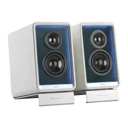 Altavoces de estantería Edifier QR65 70W Bluetooth 5.3 Blanco, vista frontal en ángulo: par con iluminación LED azul y doble