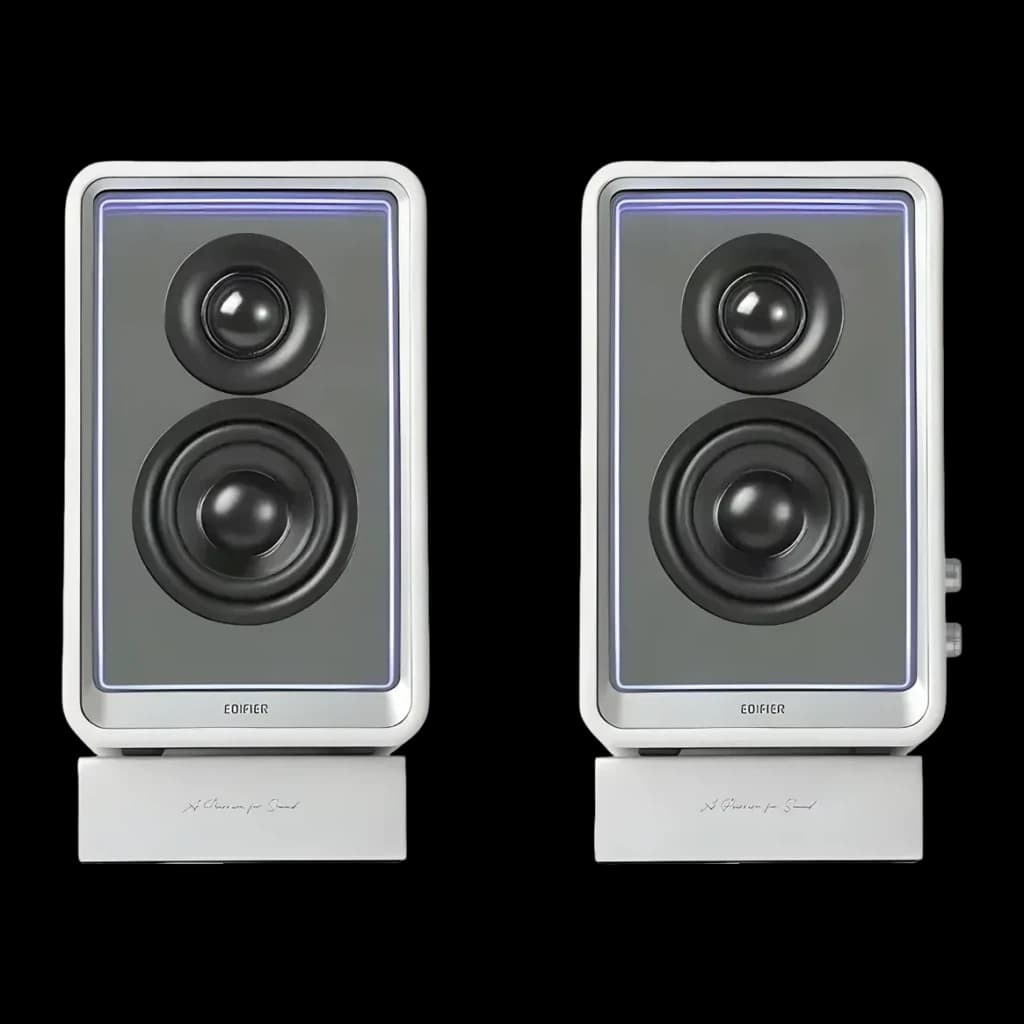 Altavoces de estantería Edifier QR65 70W Bluetooth 5.3 Blanco, vista frontal par: tweeter, woofer y luz LED azul perimetral