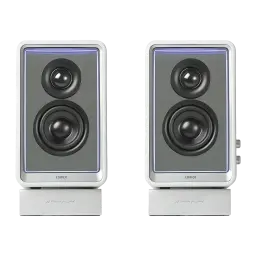 Altavoces de estantería Edifier QR65 70W Bluetooth 5.3 Blanco, vista frontal par: tweeter, woofer y luz LED azul perimetral