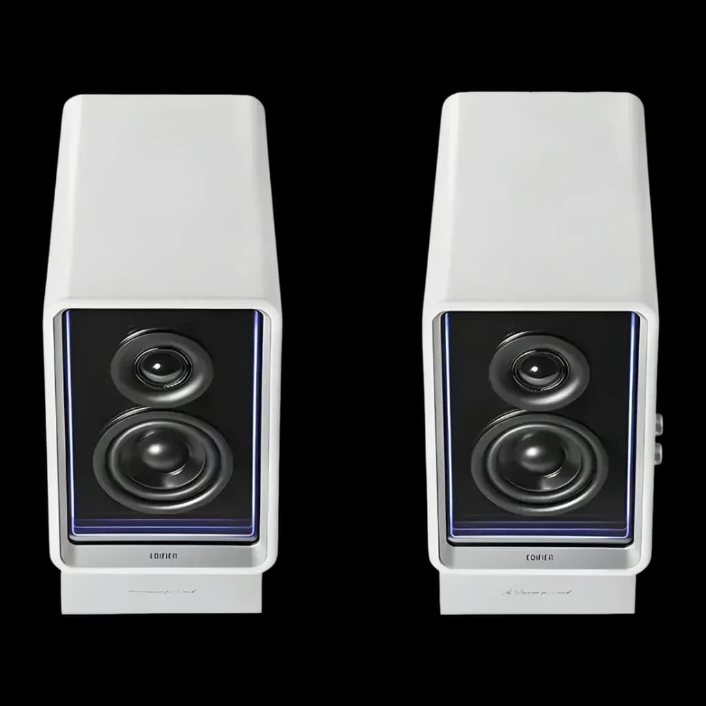 Altavoces de estantería Edifier QR65 70W Bluetooth 5.3 Blanco, vista frontal: par de altavoces con iluminación LED azul