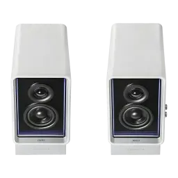 Altavoces de estantería Edifier QR65 70W Bluetooth 5.3 Blanco, vista frontal: par de altavoces con iluminación LED azul