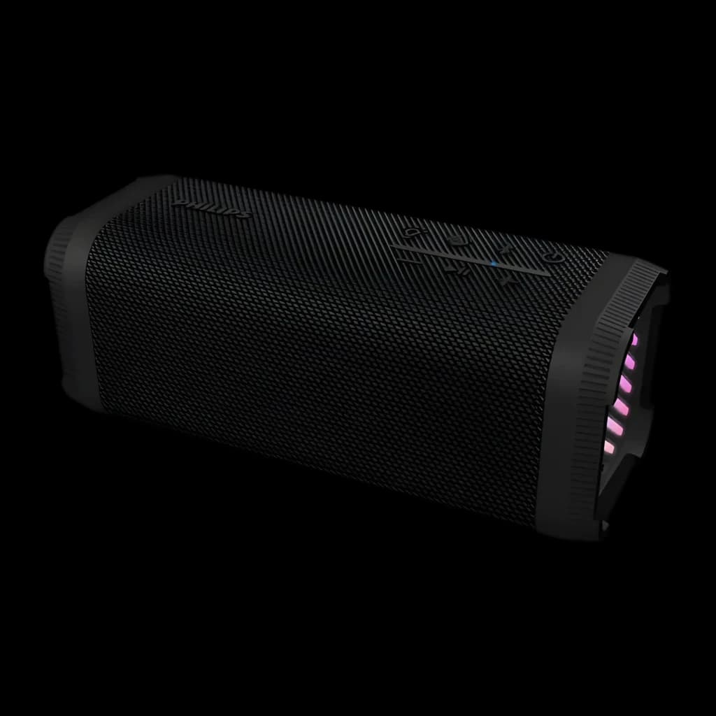 Altavoz Philips TAS5000EB/00 IP67 35W 24h Bluetooth 5.4, vista en ángulo: rejilla negra texturizada y luces LED rosas