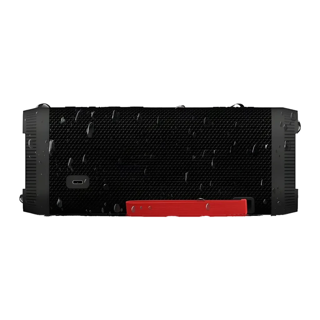 Altavoz Philips TAS5000EB/00 IP67 35W 24h Bluetooth 5.4, vista trasera: rejilla negra con gotas de agua, puerto USB-C y asa