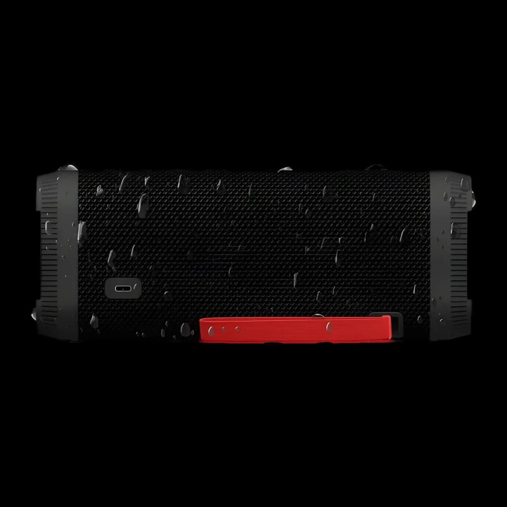 Altavoz Philips TAS5000EB/00 IP67 35W 24h Bluetooth 5.4, vista trasera: rejilla negra con gotas de agua, puerto USB-C y asa