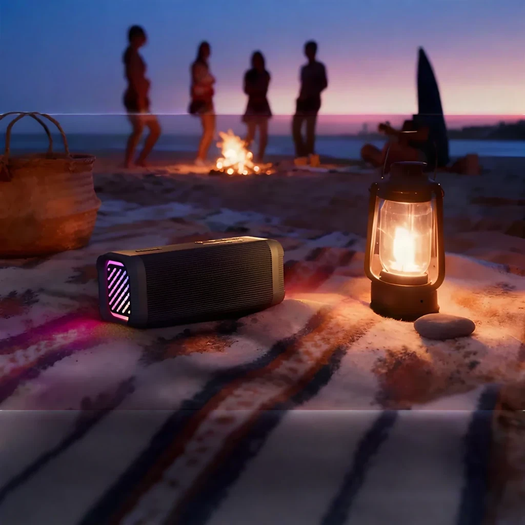 Altavoz Philips TAS5000EB/00 IP67 35W 24h Bluetooth 5.4, en uso: sobre manta en playa al atardecer con luces LED encendidas