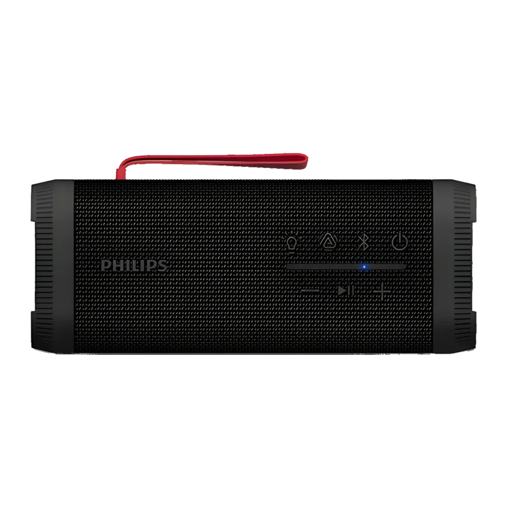 Altavoz Philips TAS5000EB/00 IP67 35W 24h Bluetooth 5.4, frontal: rejilla negra, asa roja, botones y logo visibles