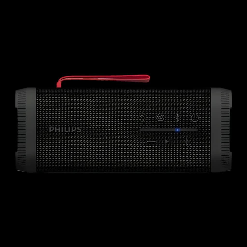 Altavoz Philips TAS5000EB/00 IP67 35W 24h Bluetooth 5.4, frontal: rejilla negra, asa roja, botones y logo visibles