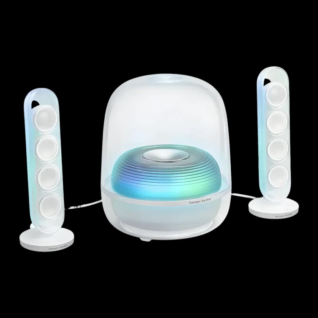 Altavoces Harman/Kardon SoundSticks 5 2.1 Subwoofer 5.25 pulgadas 190W Blanco, vista frontal: subwoofer cúpula transparente