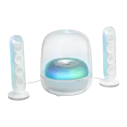 Altavoces Harman/Kardon SoundSticks 5 2.1 Subwoofer 5.25 pulgadas 190W Blanco, vista frontal: subwoofer cúpula transparente
