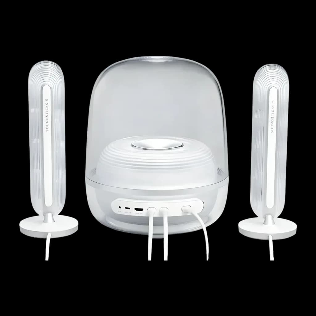 Altavoces Harman/Kardon SoundSticks 5 2.1 Subwoofer 5.25 pulgadas 190W Blanco, vista frontal: subwoofer cúpula transparente