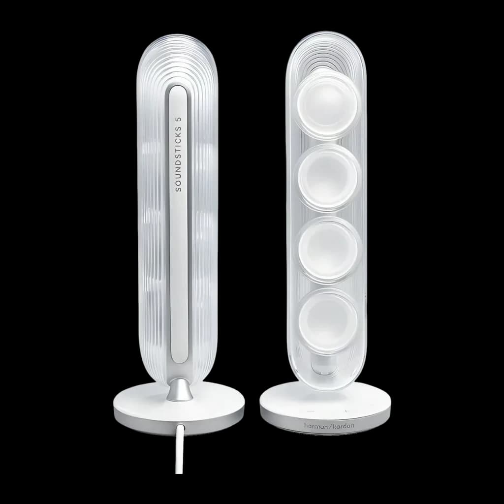 Altavoces Harman/Kardon SoundSticks 5 2.1 Subwoofer 5.25 pulgadas 190W Blanco, vista frontal y lateral: dos satélites