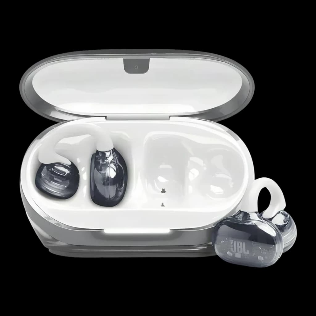 Auriculares JBL Soundgear Clips Open-Ear Bluetooth 5.4 32h com estojo Branco, vista frontal: estojo aberto com auriculares