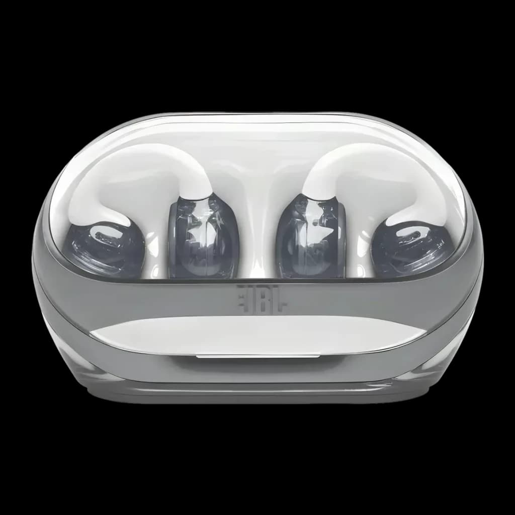Auriculares JBL Soundgear Clips Open-Ear Bluetooth 5.4 32h com estojo Branco, vista frontal: estojo aberto com tampa