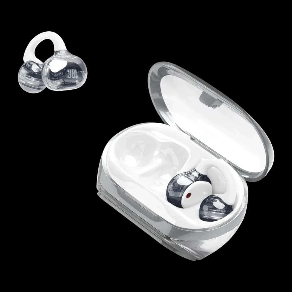 Auriculares JBL Soundgear Clips Open-Ear Bluetooth 5.4 32h com estojo Branco, vista conjunto: estojo aberto com auriculares