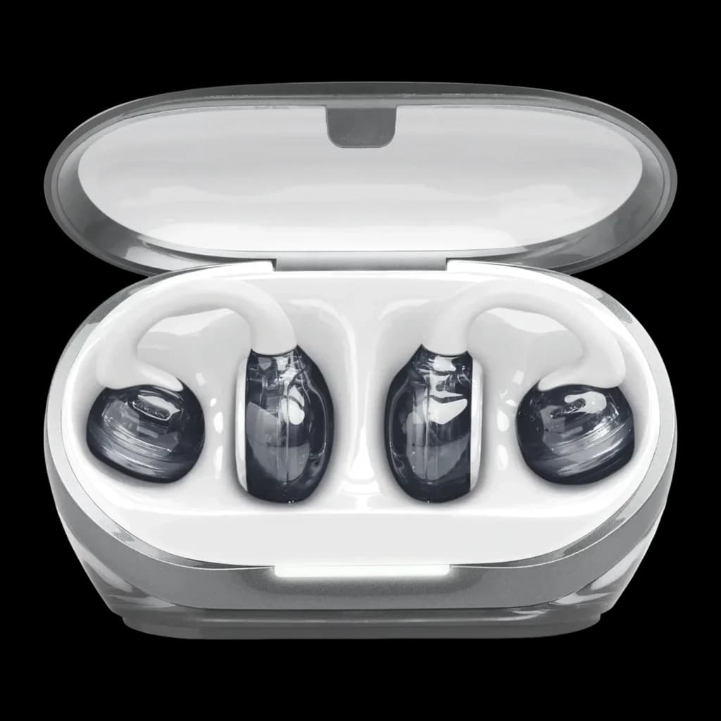 Auriculares JBL Soundgear Clips Open-Ear Bluetooth 5.4 32h com estojo Branco, vista superior: estojo aberto com os dois