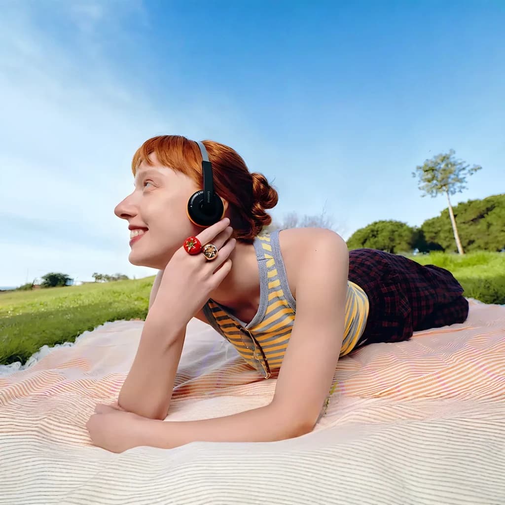 Casque supra-auriculaire Philips TAMS1 Bluetooth 6.0 26h Noir, en utilisation: femme allongée dans un parc avec casque, vue