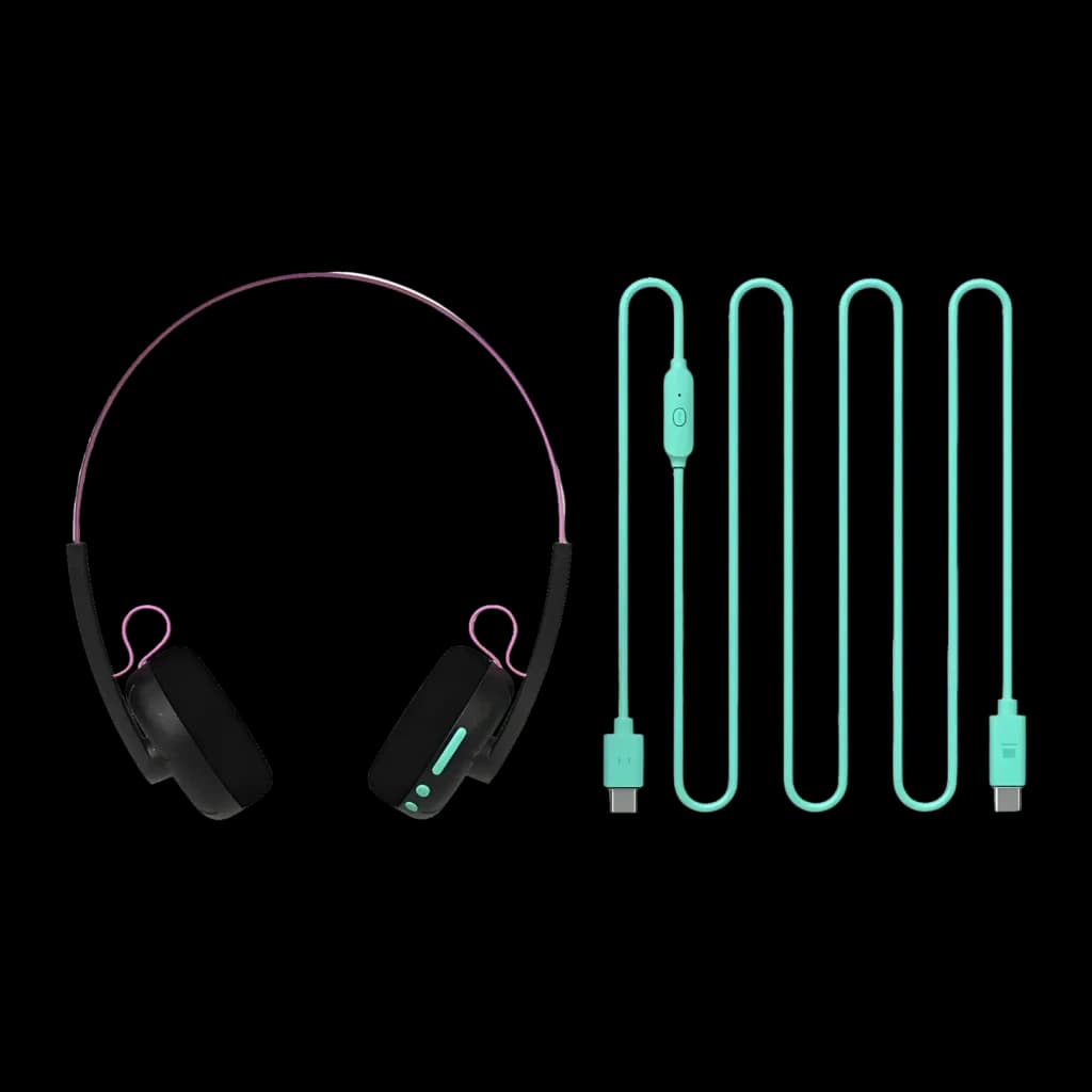 Casque supra-auriculaire Philips TAMS1 Bluetooth 6.0 26h Noir, accessoires: vue avant et câble USB-C turquoise