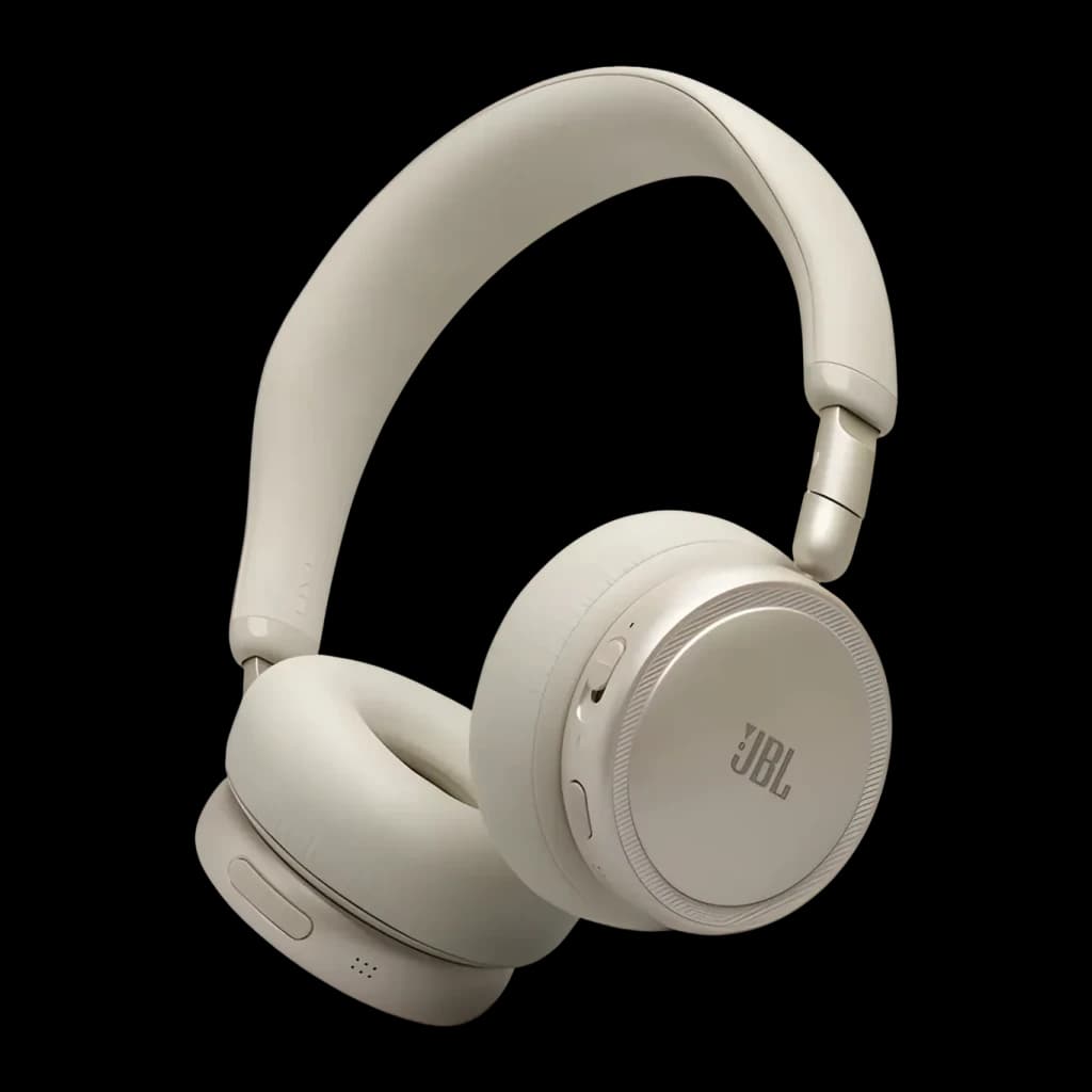 Auriculares de diadema JBL Live 680NC Cancelación de Ruido Adaptativa Champán, vista frontal en ángulo: diadema acolchada