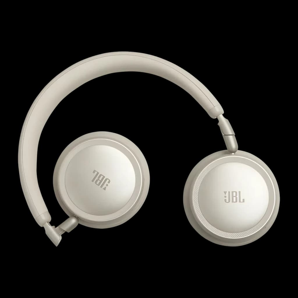 Auriculares de diadema JBL Live 680NC Cancelación de Ruido Adaptativa Champán, vista frontal: diadema y cups con logo JBL
