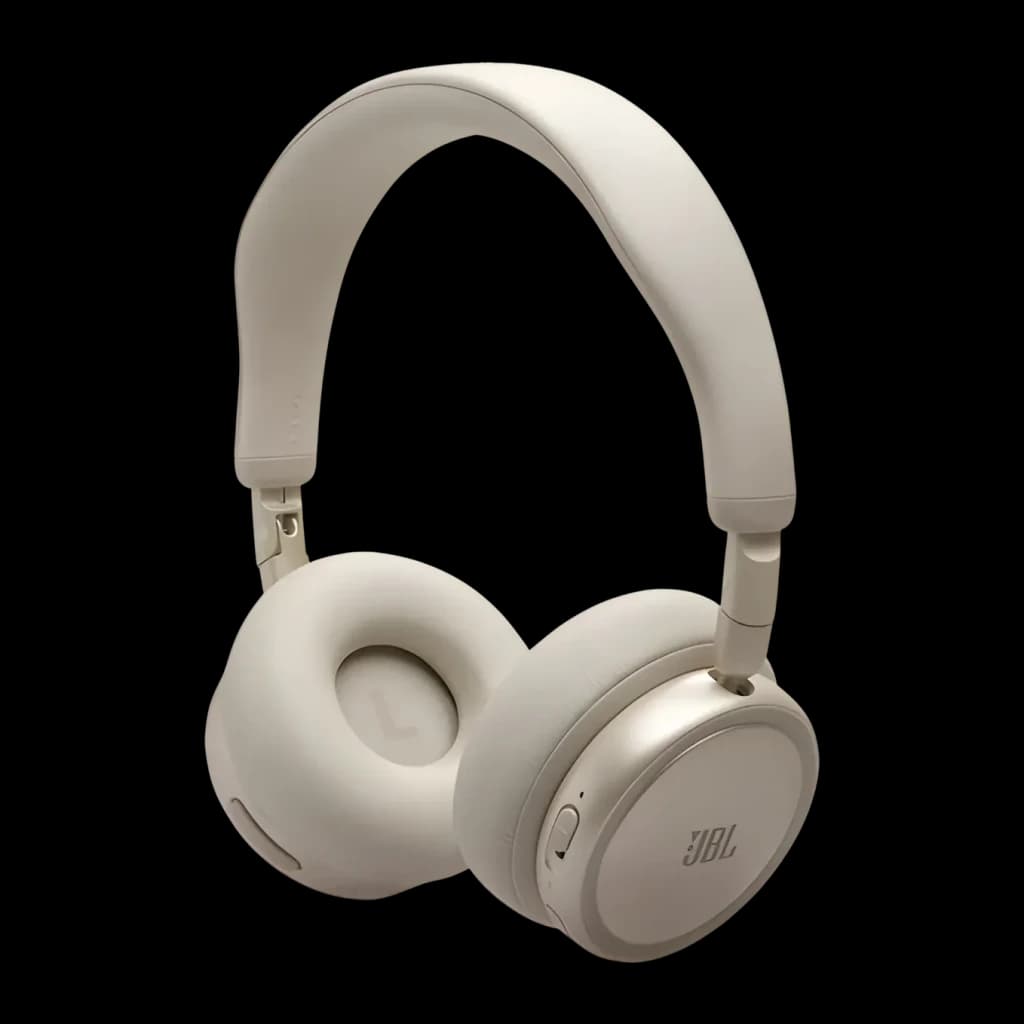 Auriculares de diadema JBL Live 680NC Cancelación de Ruido Adaptativa Champán, vista lateral: almohadillas, logo JBL
