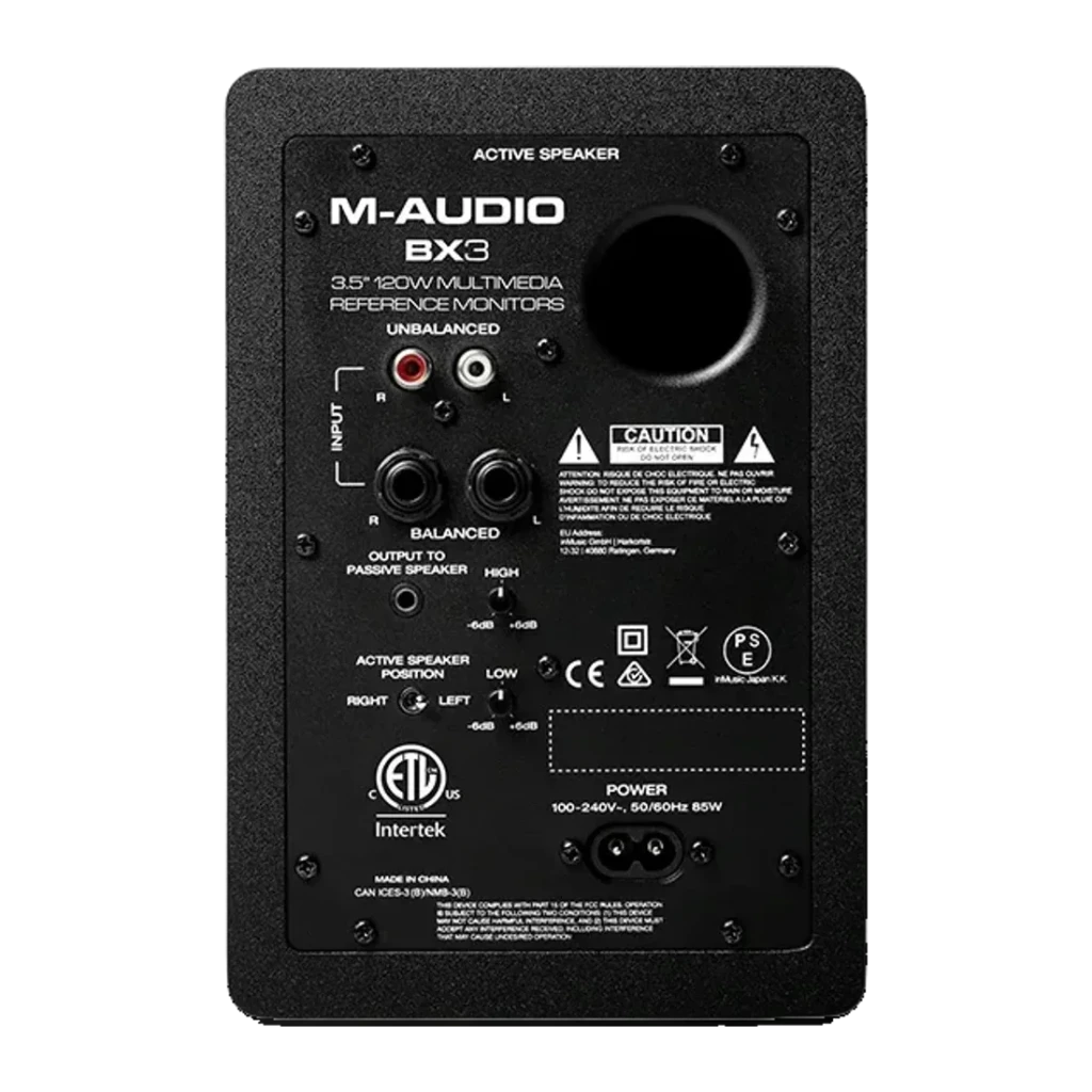 Moniteurs de studio M-Audio BX3 50W RMS Jack 3,5mm / 6,35mm Noir, panneau arrière: entrées RCA, jack symétrique 6,35mm