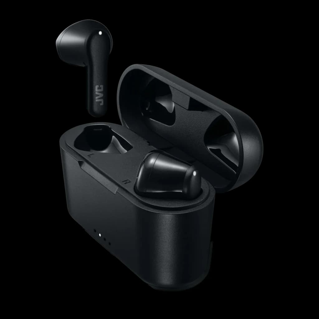 Écouteurs JVC HA-A3T True Wireless TWS Bluetooth 5.1 22h Noir, vue principale: boîtier ouvert avec écouteur droit à