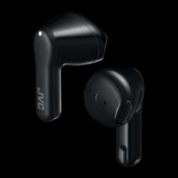 Écouteurs JVC HA-A3T True Wireless TWS Bluetooth 5.1 22h Noir, vue latérale: deux écouteurs noirs avec logo JVC et marqueur