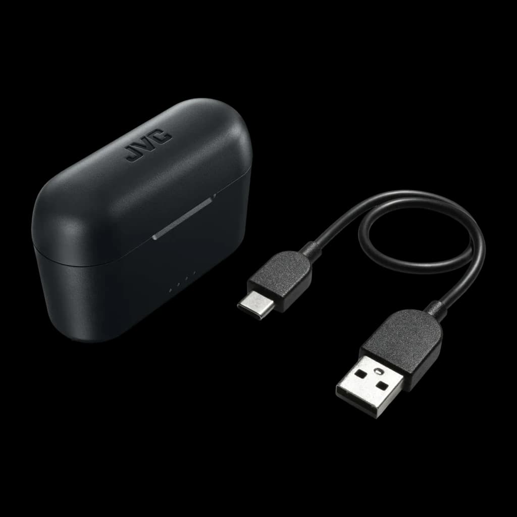 Écouteurs JVC HA-A3T True Wireless TWS Bluetooth 5.1 22h Noir, accessoires: étui fermé avec logo JVC et câble USB-A vers