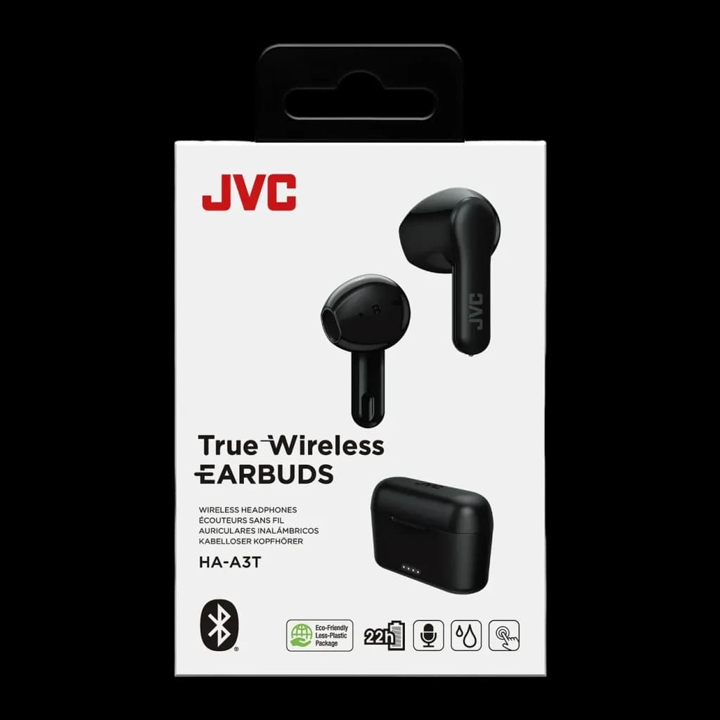 Écouteurs JVC HA-A3T True Wireless TWS Bluetooth 5.1 22h Noir, boîte face avant: packaging avec écouteurs et étui noir