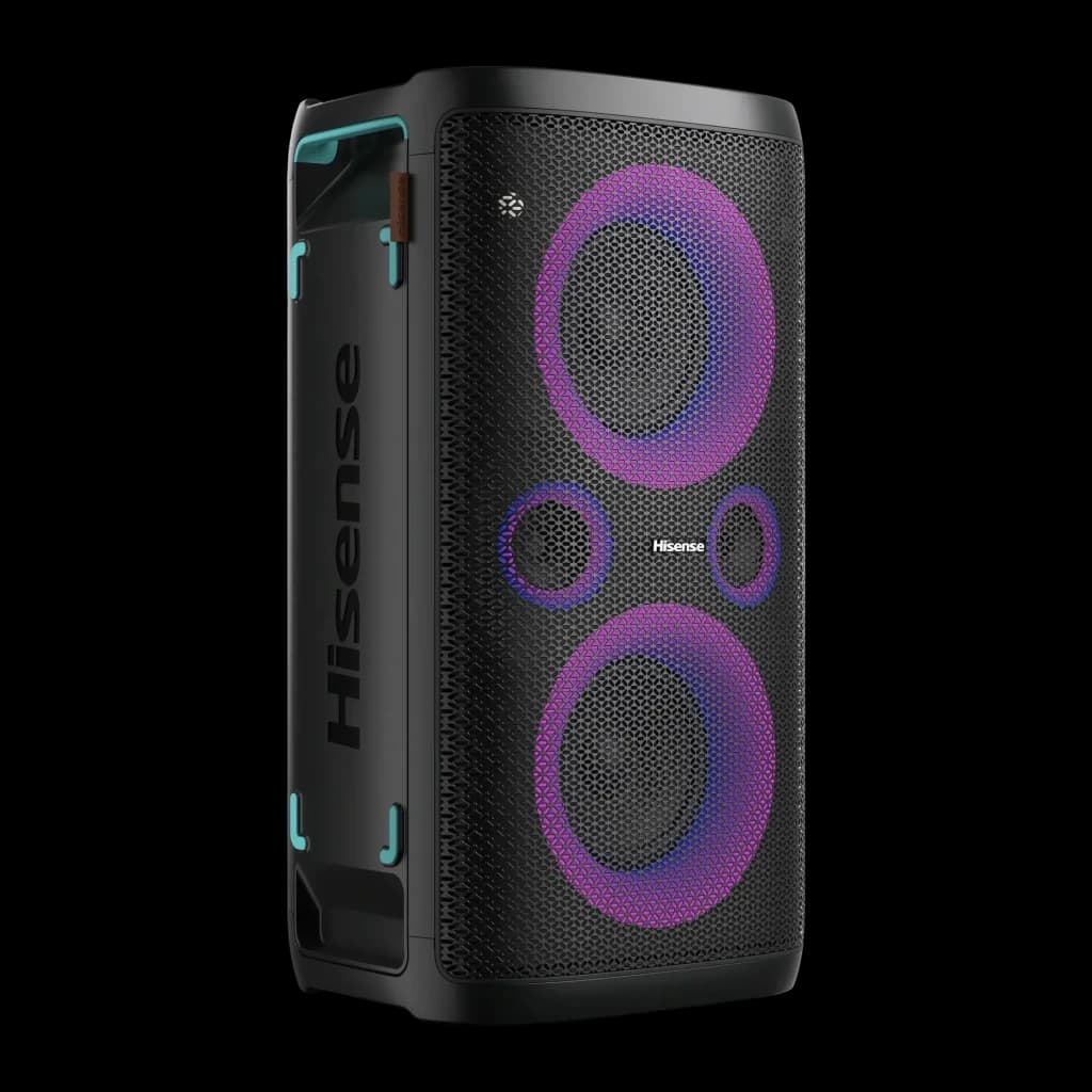 Altavoz de fiesta Hisense Party Storm IPX4 300W 15h Negro, vista frontal en ángulo: rejilla negra con dos woofers y luces