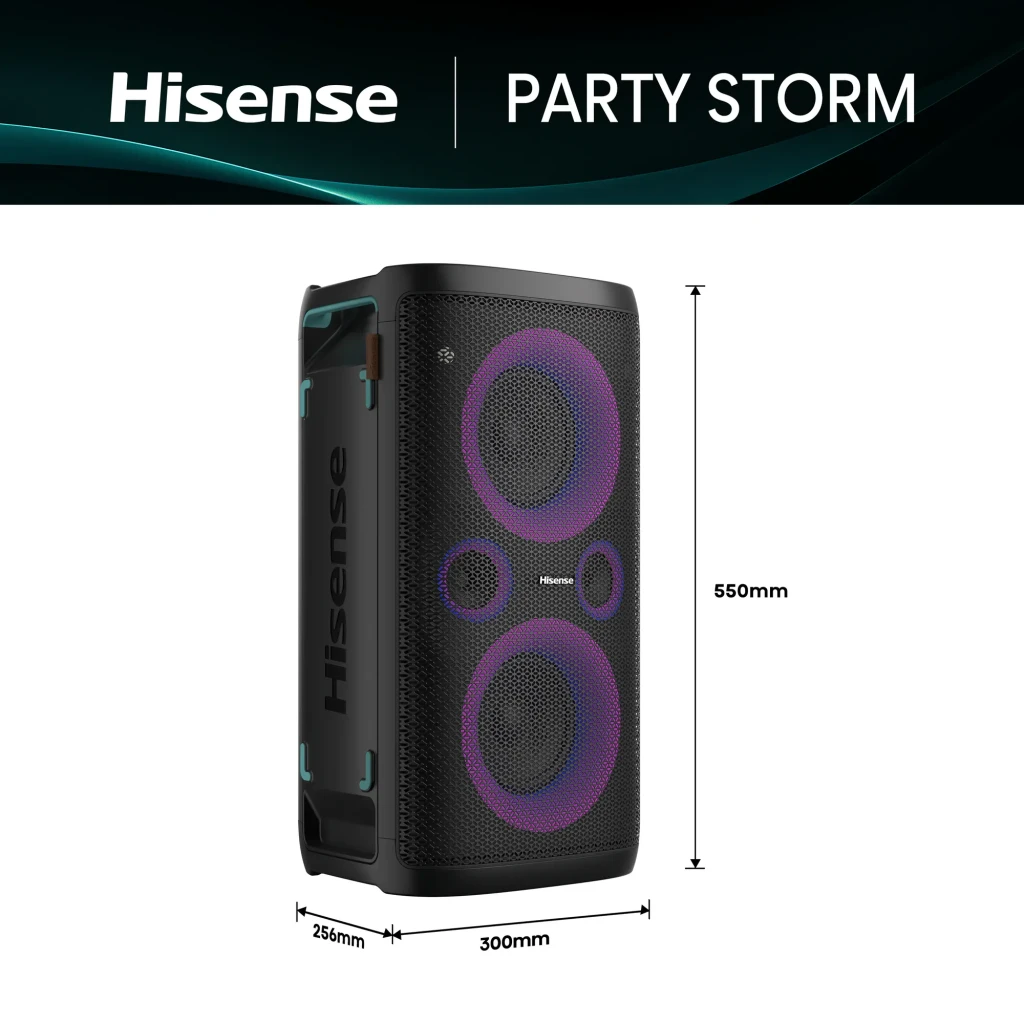 Altavoz de fiesta Hisense Party Storm IPX4 300W 15h Negro, en uso: vista lateral con dimensiones 550x300x256mm y luces LED