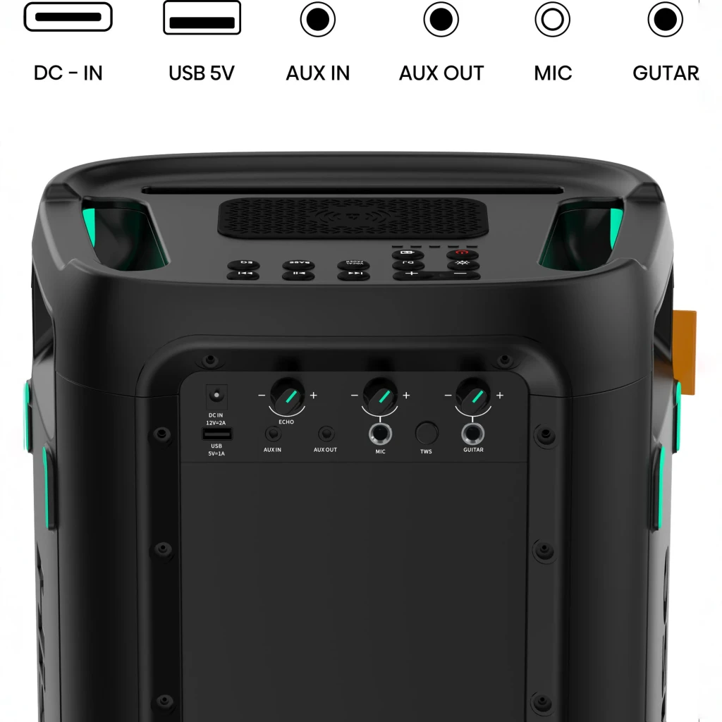 Altavoz de fiesta Hisense Party Storm IPX4 300W 15h Negro, en uso: panel trasero con entradas DC-IN, USB 5V, AUX IN, AUX