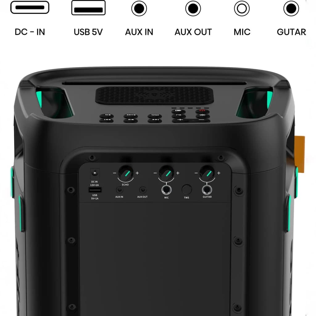 Altavoz de fiesta Hisense Party Storm IPX4 300W 15h Negro, en uso: panel trasero con entradas DC-IN, USB 5V, AUX IN, AUX