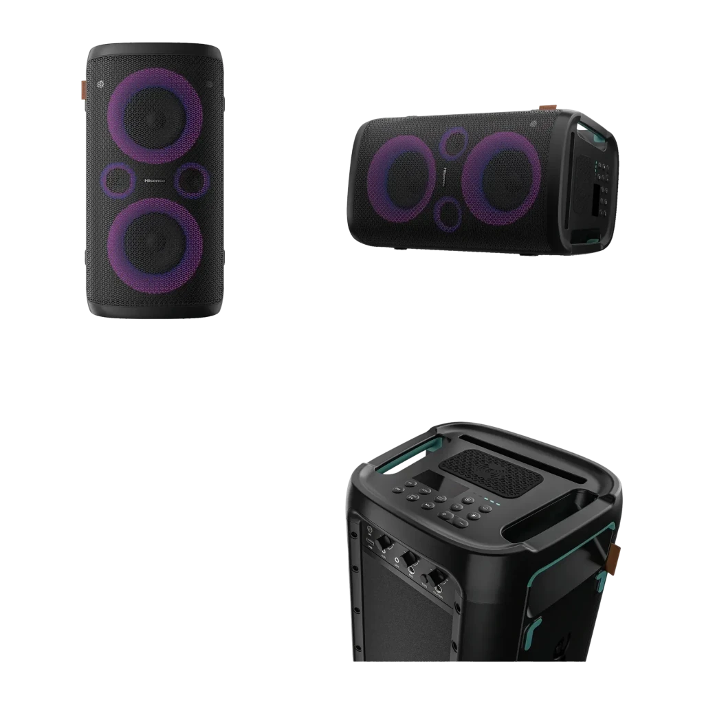 Altavoz de fiesta Hisense Party Storm IPX4 300W 15h Negro, tres vistas: frontal con luces LED moradas, lateral tumbado