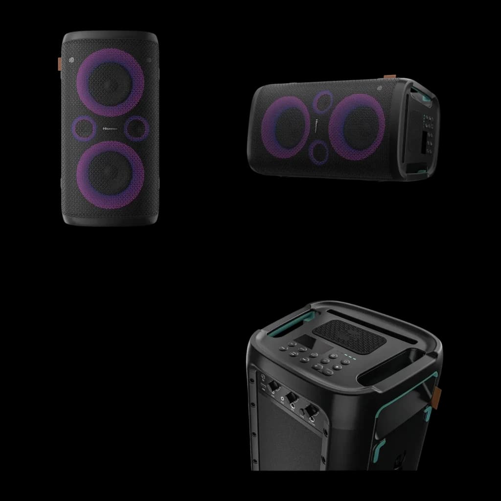 Altavoz de fiesta Hisense Party Storm IPX4 300W 15h Negro, tres vistas: frontal con luces LED moradas, lateral tumbado