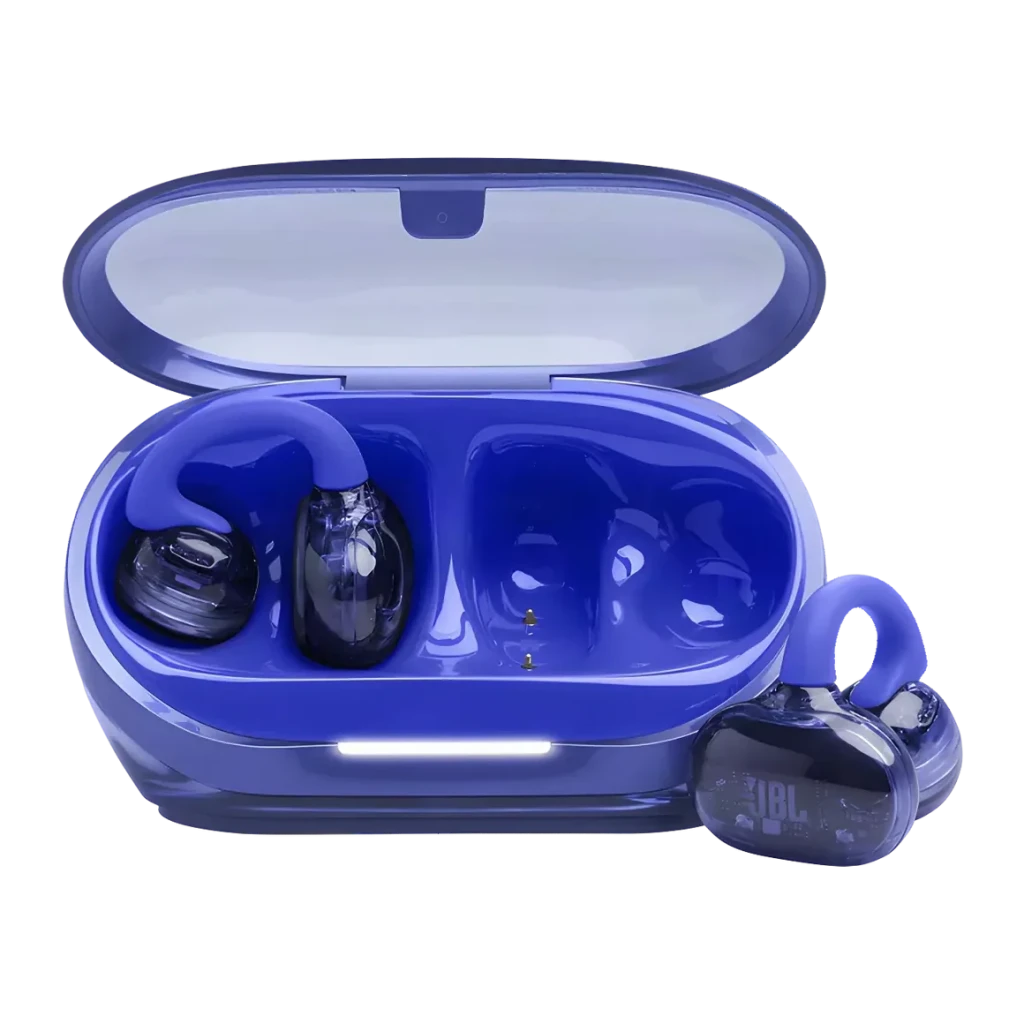 Écouteurs JBL Soundgear Clips Open-Ear TWS Bluetooth 5.4 8h (32h avec étui) Bleu, vue de face: étui ouvert avec un écouteur
