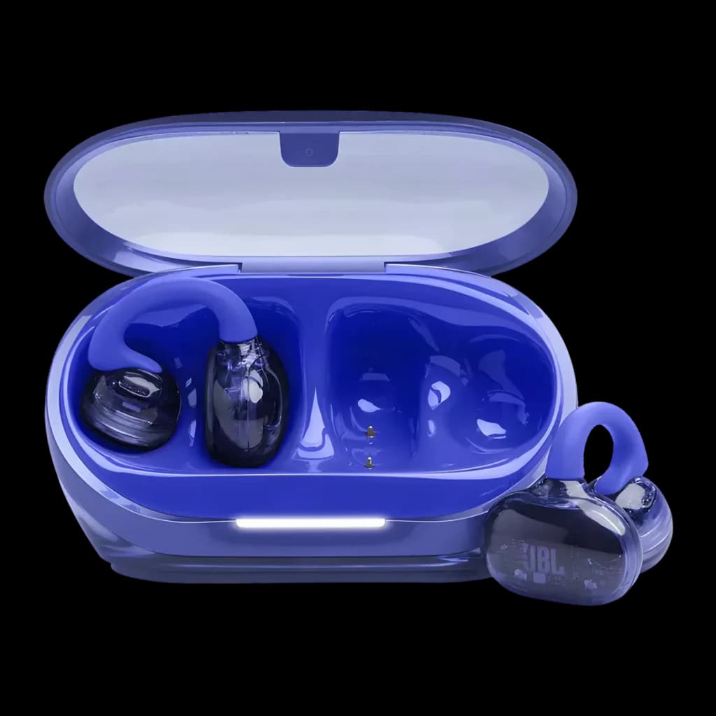 Écouteurs JBL Soundgear Clips Open-Ear TWS Bluetooth 5.4 8h (32h avec étui) Bleu, vue de face: étui ouvert avec un écouteur