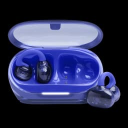 Écouteurs JBL Soundgear Clips Open-Ear TWS Bluetooth 5.4 8h (32h avec étui) Bleu, vue de face: étui ouvert avec un écouteur