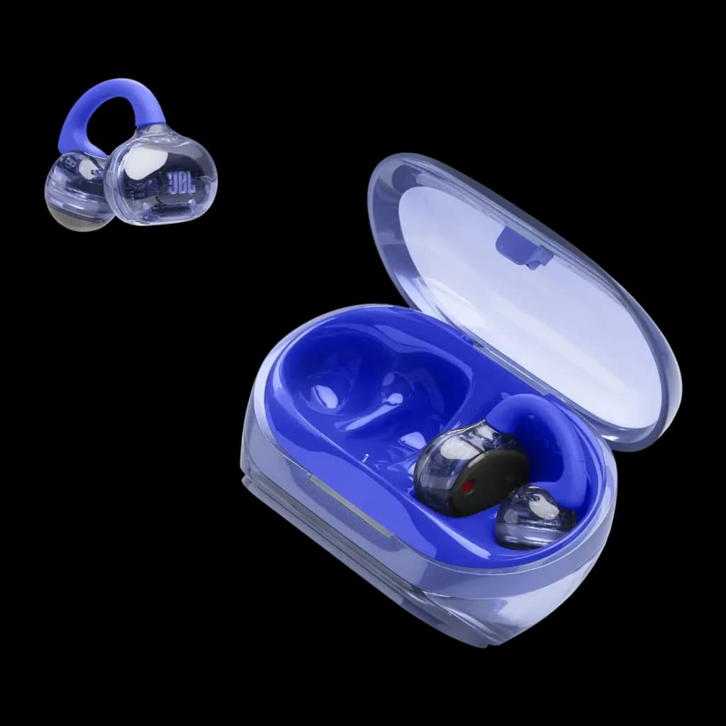 Écouteurs JBL Soundgear Clips Open-Ear TWS Bluetooth 5.4 8h (32h avec étui) Bleu, étui ouvert: écouteurs dans l'intérieur