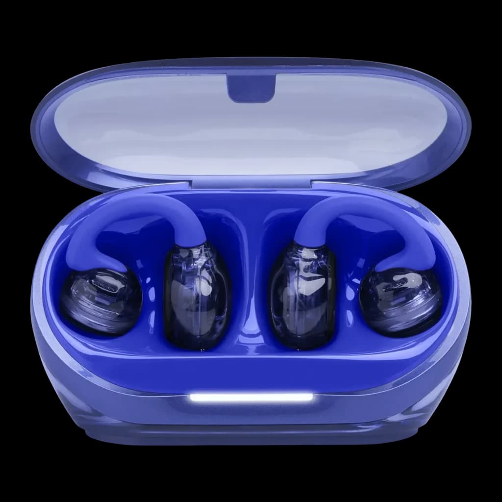 Écouteurs JBL Soundgear Clips Open-Ear TWS Bluetooth 5.4 8h (32h avec étui) Bleu, étui ouvert: les deux écouteurs logés