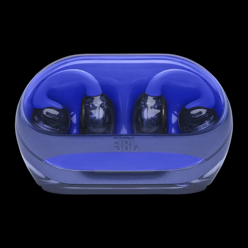 Écouteurs JBL Soundgear Clips Open-Ear TWS Bluetooth 5.4 8h (32h avec étui) Bleu, étui ouvert de face: écouteurs logés