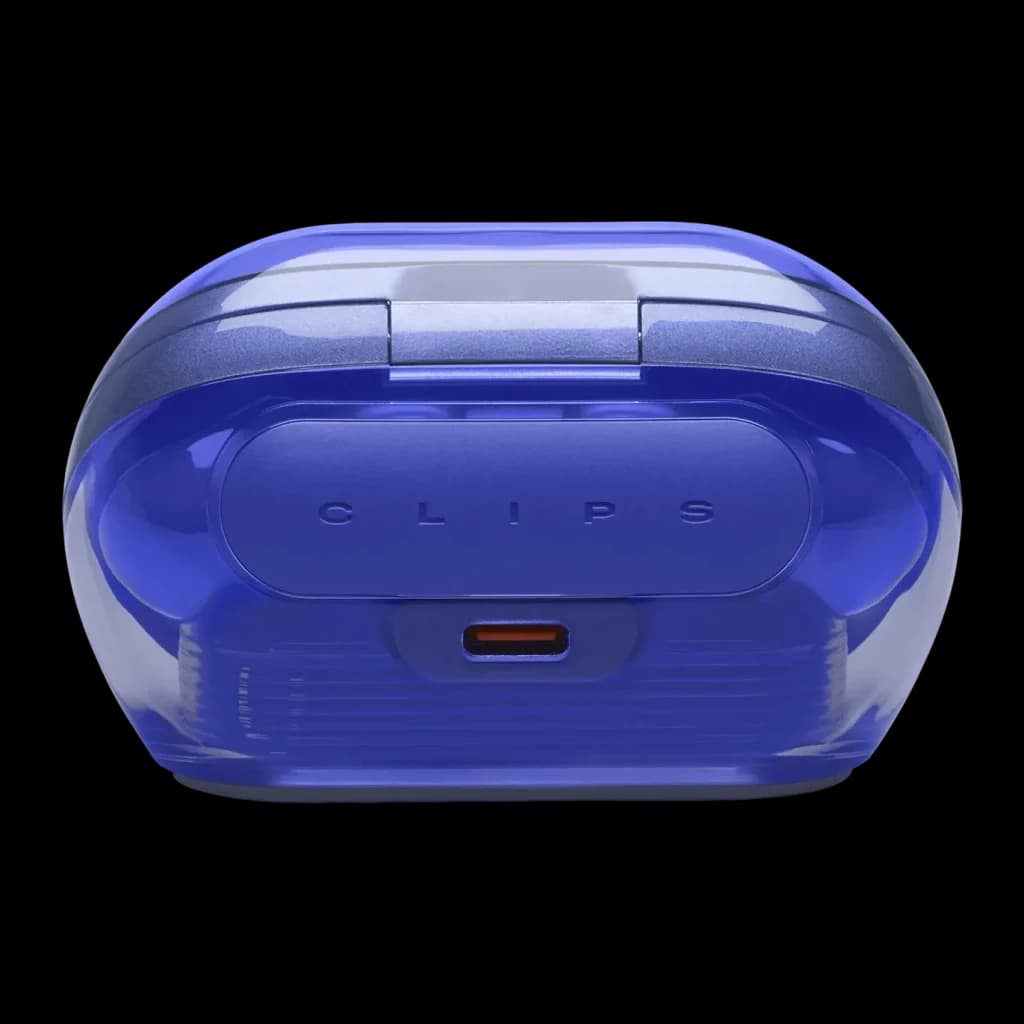 Écouteurs JBL Soundgear Clips Open-Ear TWS Bluetooth 5.4 8h (32h avec étui) Bleu, dos de l'étui: logo CLIPS en relief