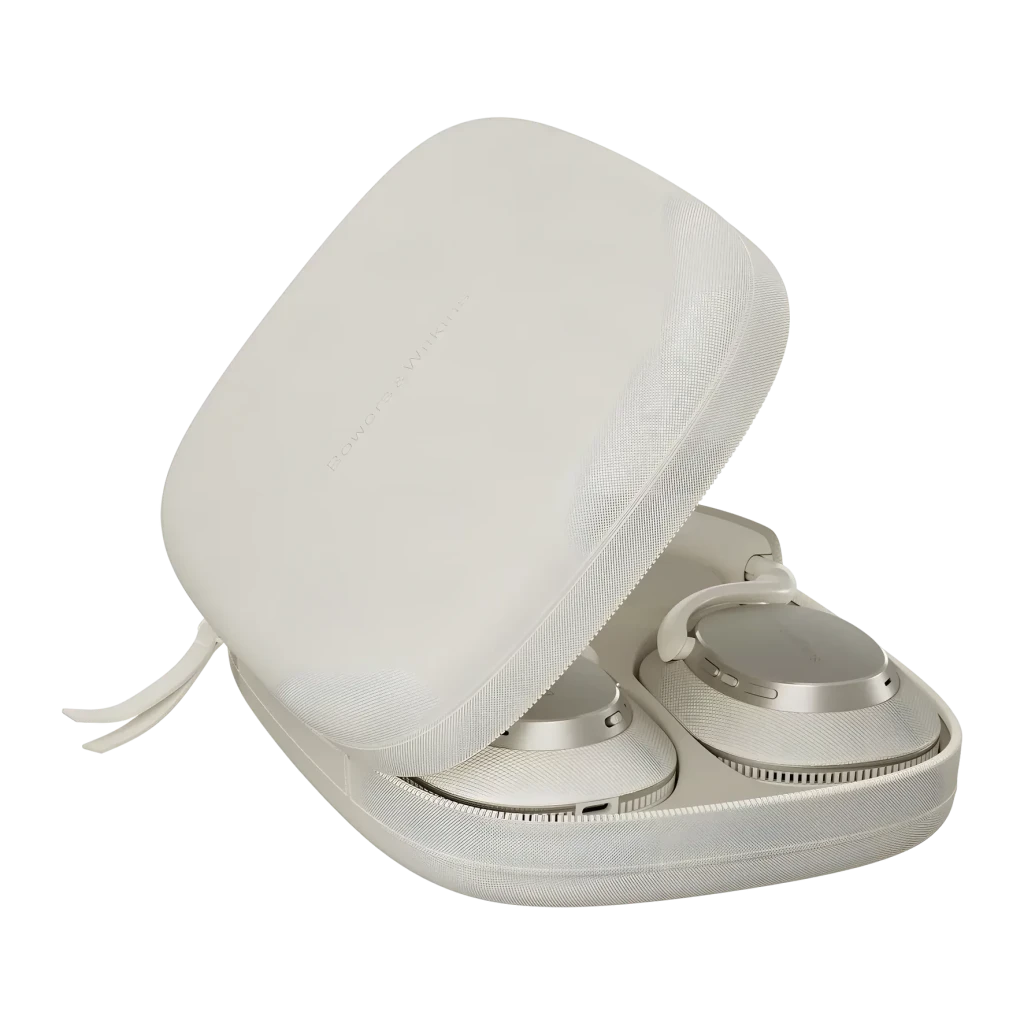 Auscultadores Bowers & Wilkins Px7 S3 Cancelamento de Ruído Adaptativo Banda Branco, estojo aberto: auscultadores dobrados