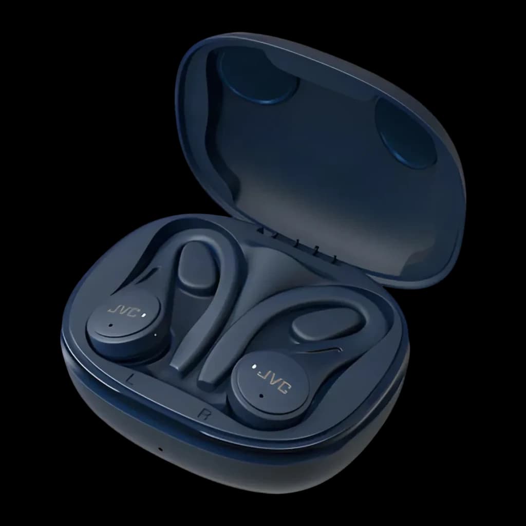 Écouteurs JVC True Wireless TWS Bluetooth 5.1 7,5h (30h avec l'étui) Bleu HA-EC25T, vue dessus: étui ouvert avec les deux