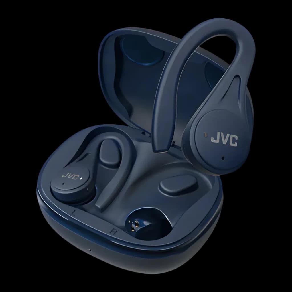 Écouteurs JVC True Wireless TWS Bluetooth 5.1 7,5h (30h avec l'étui) Bleu HA-EC25T, étui ouvert: écouteur droit sorti