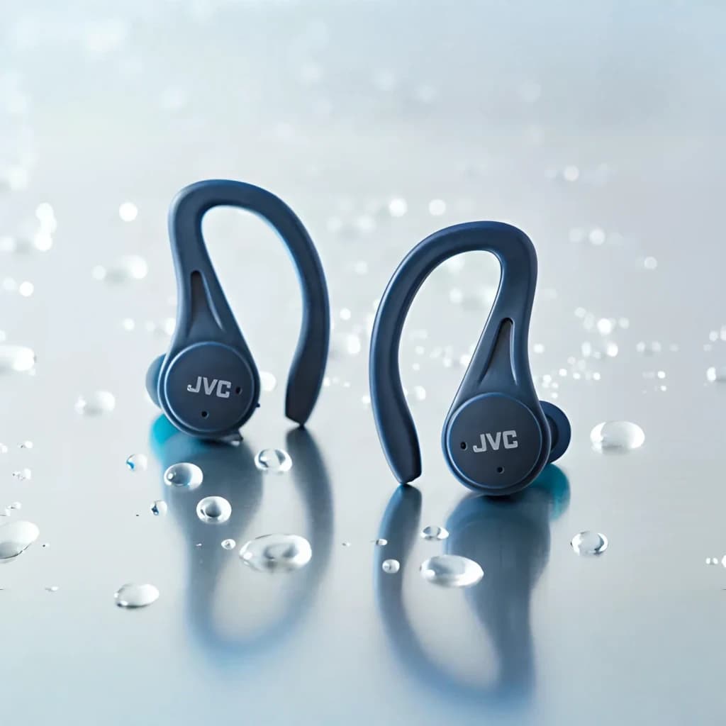 Écouteurs JVC True Wireless TWS Bluetooth 5.1 7,5h (30h avec l'étui) Bleu HA-EC25T, en utilisation: les deux écouteurs