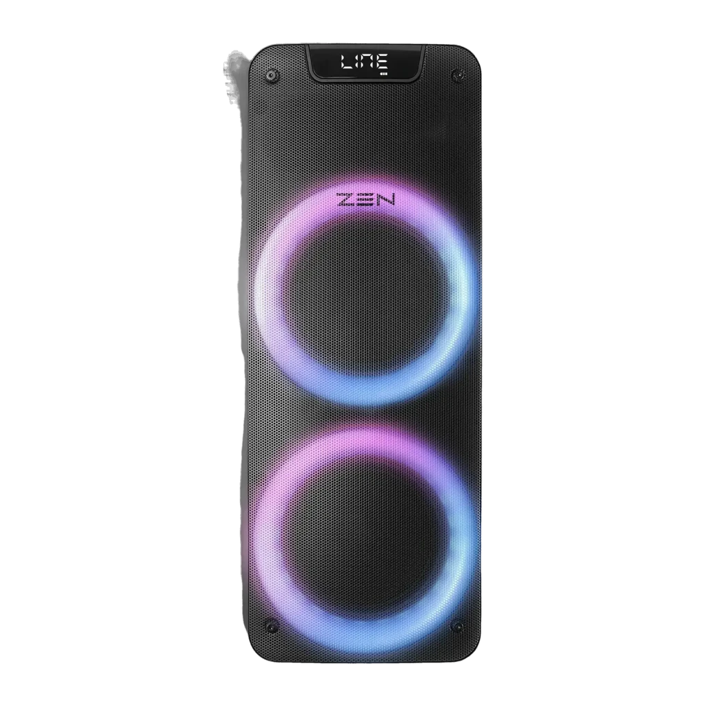Altavoz portátil ZEN Devices Phoenix 25W RMS 7h Bluetooth 5.0 Negro, frontal: dos woofers con luces LED RGB y pantalla