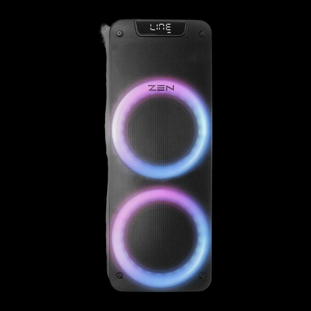 Altavoz portátil ZEN Devices Phoenix 25W RMS 7h Bluetooth 5.0 Negro, frontal: dos woofers con luces LED RGB y pantalla
