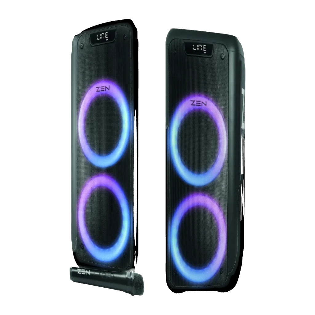 Altavoz portátil ZEN Devices Phoenix 25W RMS 7h Bluetooth 5.0 Negro, vista frontal: dos unidades con luces LED azul-morado